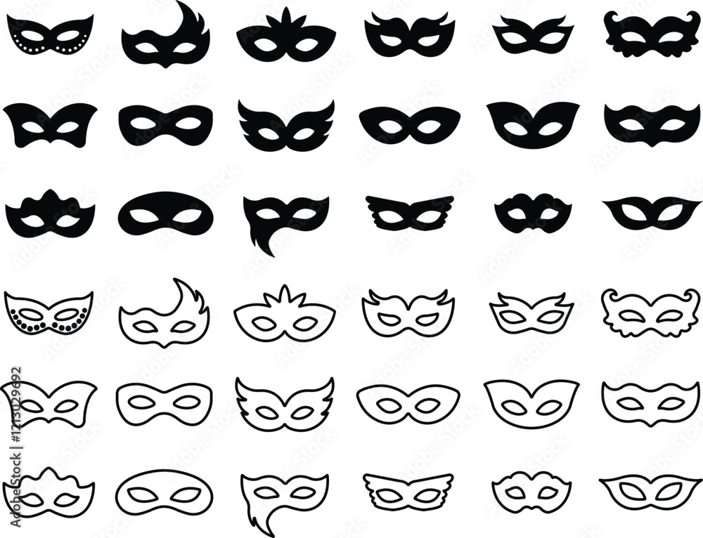 Different Mask silhouette isolated on transparent background Masquerade vector for apps or web party superhero carnival villain or burglar icon in flat, line set. costume eye mask hidden person face Different Mask silhouette isolated on transparent background Masquerade vector for apps or web party superhero carnival villain or burglar icon in flat, line set. costume eye mask hidden person face