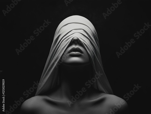 Minimalist Monochrome Portrait of a Woman Draped in a White Fabric Blindfold with Dramatic Lighting and Dark Background