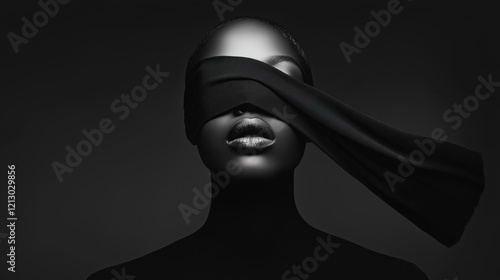 Elegant Black and White Portrait of a Woman Draped in Flowing Black Fabric Blindfold with Dramatic Lighting and Minimalistic Design