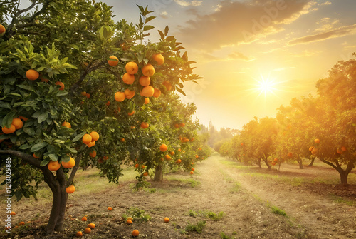 Wallpaper Mural A serene orange grove at sunset, showcasing ripe oranges on trees and a warm golden glow illuminating the tranquil landscape. Torontodigital.ca