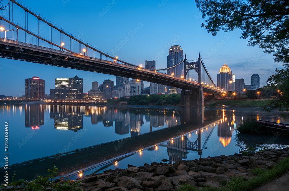 Fototapeta premium A serene evening view of a city skyline reflected in water, featuring a bridge illuminated by lights against a twilight backdrop.