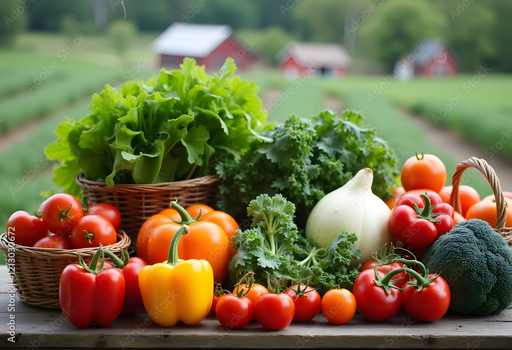 Freshly picked fruits and vegetables are arranged in rustic baskets on a wooden farm table Freshly picked fruits and vegetables are arranged in rustic baskets on a wooden farm table