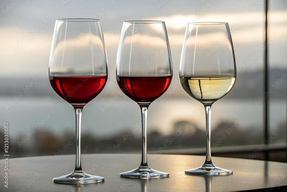 Three elegant wine glasses filled with red and white wine, set against a serene background featuring a body of water and soft, diffused light. Three elegant wine glasses filled with red and white wine, set against a serene background featuring a body of water and soft, diffused light.