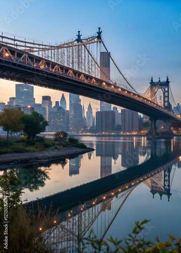 A beautiful cityscape featuring a bridge over a river with skyscrapers in the background, reflecting the serene twilight sky.