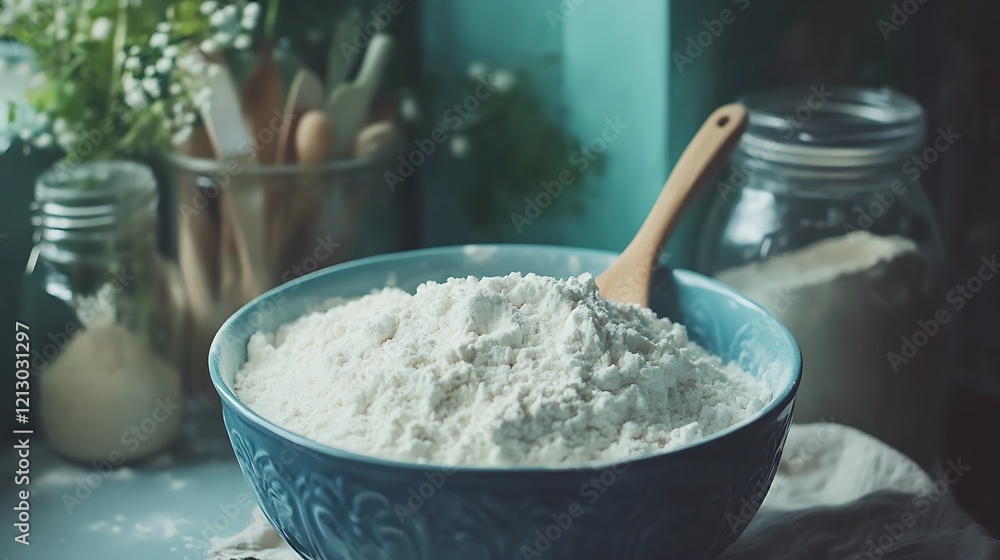 bowl of white flour with a wooden spoon beside it bowl of white flour with a wooden spoon beside it