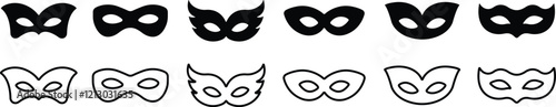 Different Mask silhouette isolated on transparent background Masquerade vector for apps or web party superhero carnival villain or burglar icon in flat, line set. costume eye mask hidden person face