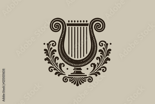 Antique lyre with decorative details, black vector engraving emblem