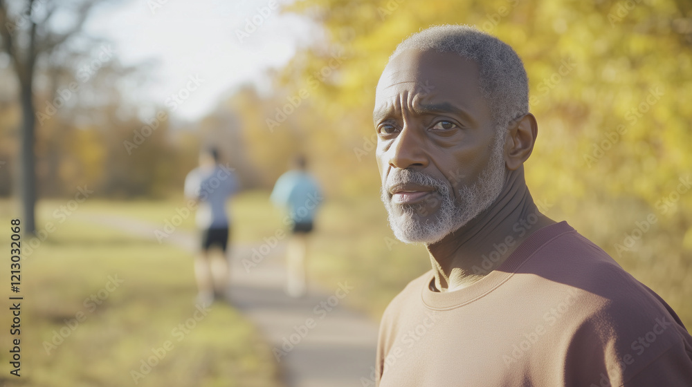 Obraz premium Aging black african american man, walking on a walking trail, exercise outdoors, some other people in background. Elderly black man in good health, walking or jogging outdoors. Senior, elderly black m