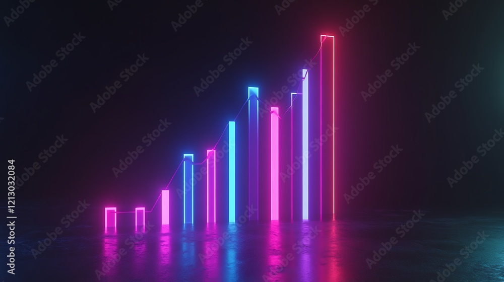 Futuristic neon digital bar graph showing upward financial trends Futuristic neon digital bar graph showing upward financial trends