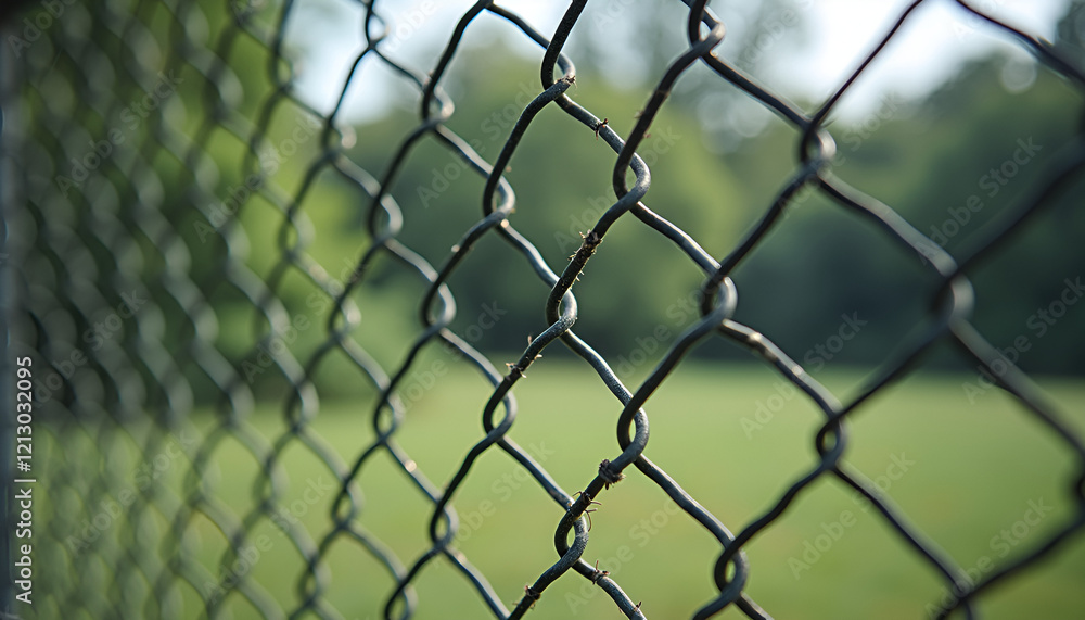 Fototapeta premium Close-up wire mesh fence with blurred green field and trees in background