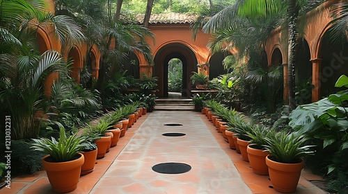 Terracotta Pots Line Pathway In Lush Tropical Courtyard photo