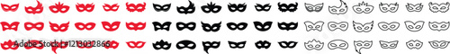 Different Mask silhouette isolated on transparent background Masquerade vector for apps or web party superhero carnival villain or burglar icon in flat, line set. costume eye mask hidden person face