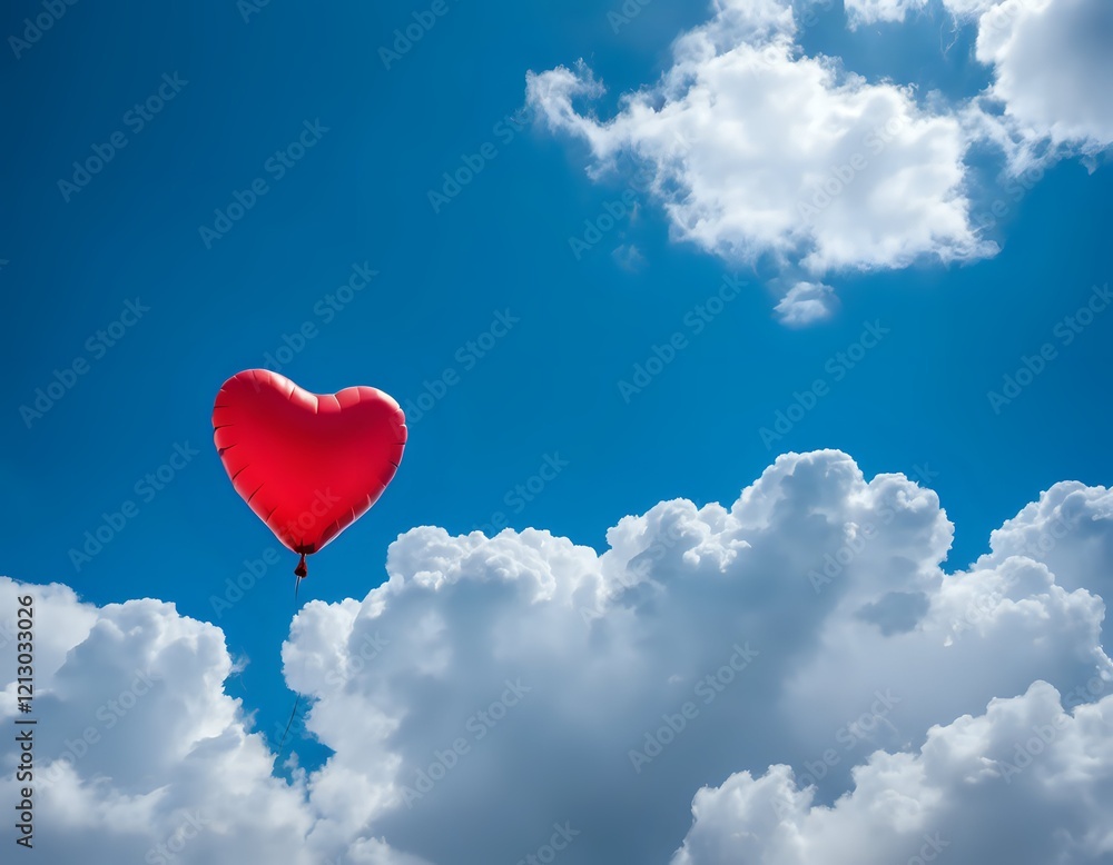 Red Heart Balloon Ascending: A Serene, Romantic Sky Scene Red Heart Balloon Ascending: A Serene, Romantic Sky Scene