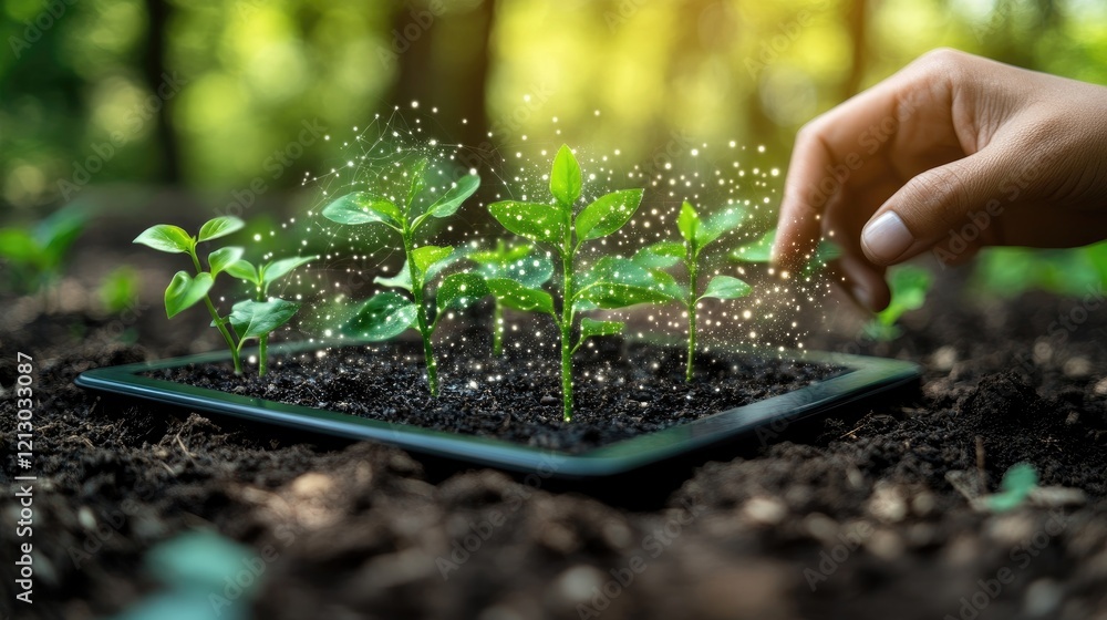 Digital Growth: Hand Nurturing Virtual Plants on Tablet in Modern Agricultural Concept Digital Growth: Hand Nurturing Virtual Plants on Tablet in Modern Agricultural Concept