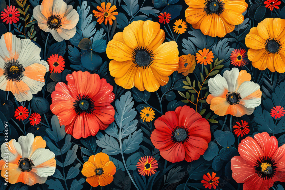 This March card showcases a stunning array of flowers in vivid colors, combining red, yellow, and white blooms amidst lush green leaves, perfect for spring festivities. This March card showcases a stunning array of flowers in vivid colors, combining red, yellow, and white blooms amidst lush green leaves, perfect for spring festivities.