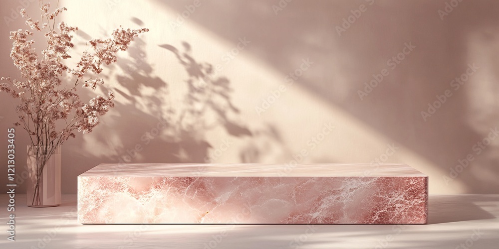 Naklejka premium Luxurious Pink Stone Platform: Minimalist Rectangular Display for Premium Products with Blush-Toned Studio Background and Ambient Lighting