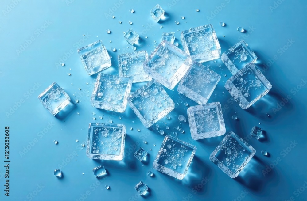 Top view. Ice cubes on a blue background. Flat composition. Top view. Ice cubes on a blue background. Flat composition.
