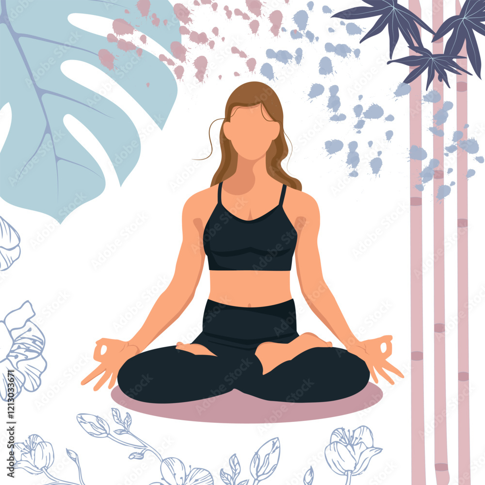 Woman faceless doing yoga exercises, practicing meditation in lotus position with sakura, monstera leaves, bamboo, . International yoga day Woman faceless doing yoga exercises, practicing meditation in lotus position with sakura, monstera leaves, bamboo, . International yoga day