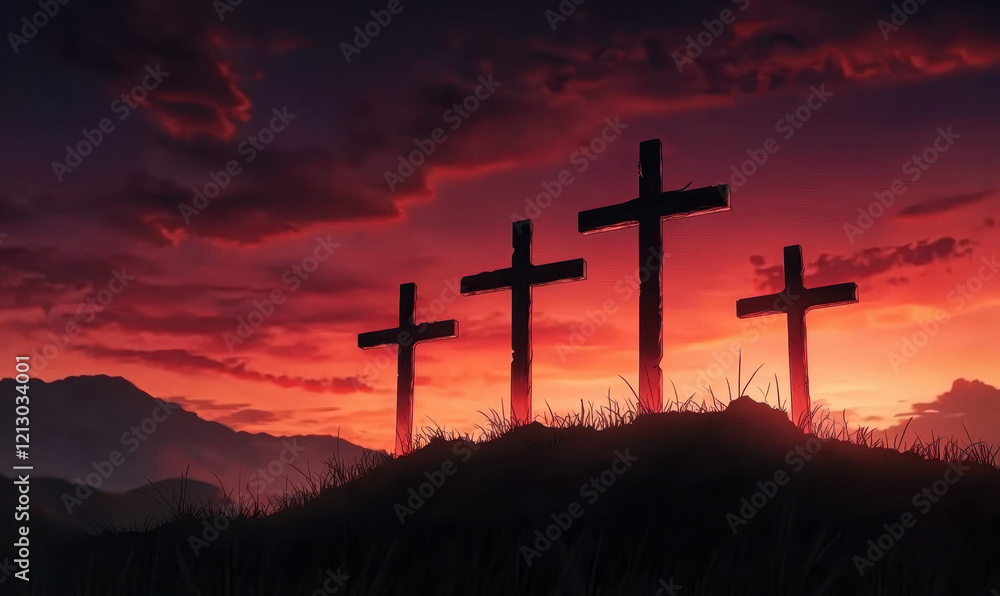 Four Crosses in Silhouette Against a Stunning Sunset Sky: A Symbolic Representation of Faith and Peaceful Reflection in Nature Four Crosses in Silhouette Against a Stunning Sunset Sky: A Symbolic Representation of Faith and Peaceful Reflection in Nature