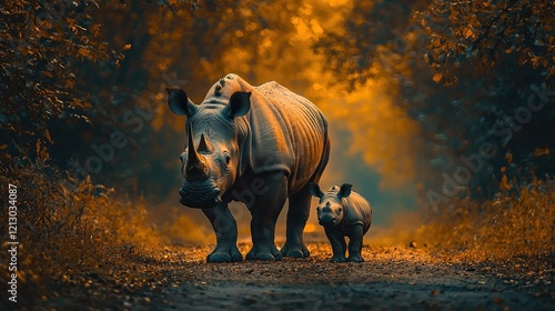 White Rhino Mother and Calf Walking at Sunset