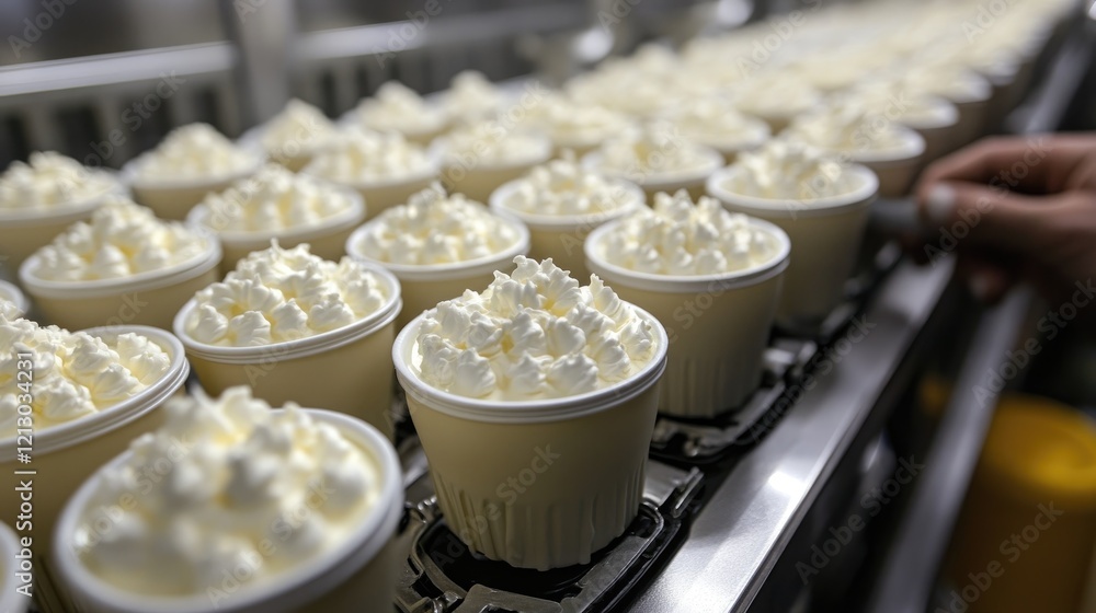 Creamy Dessert Production Line: Rows of Whipped Cream Topped Treats in Factory Setting Creamy Dessert Production Line: Rows of Whipped Cream Topped Treats in Factory Setting