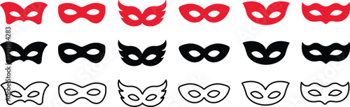 Different Mask silhouette isolated on transparent background Masquerade vector for apps or web party superhero carnival villain or burglar icon in flat, line set. costume eye mask hidden person face