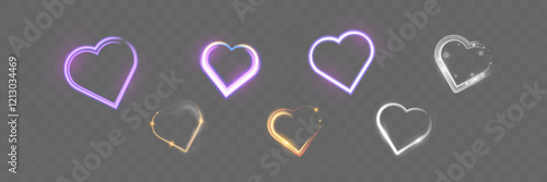 Glowing heart shapes with sparkles and light effects on dark transparent background. Designs include fiery, golden, and neon elements suitable for romantic or festive themes.
