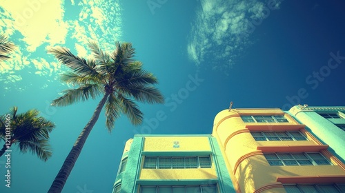 Fototapeta Naklejka Na Ścianę i Meble -  Palm trees and Art Deco hotel under sunny sky.