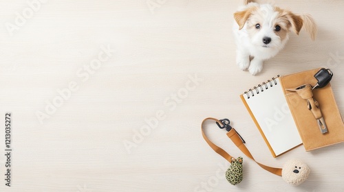 minimalist flat lay of pet travel gear including toy leash and travel journal neatly arranged on solid background photo