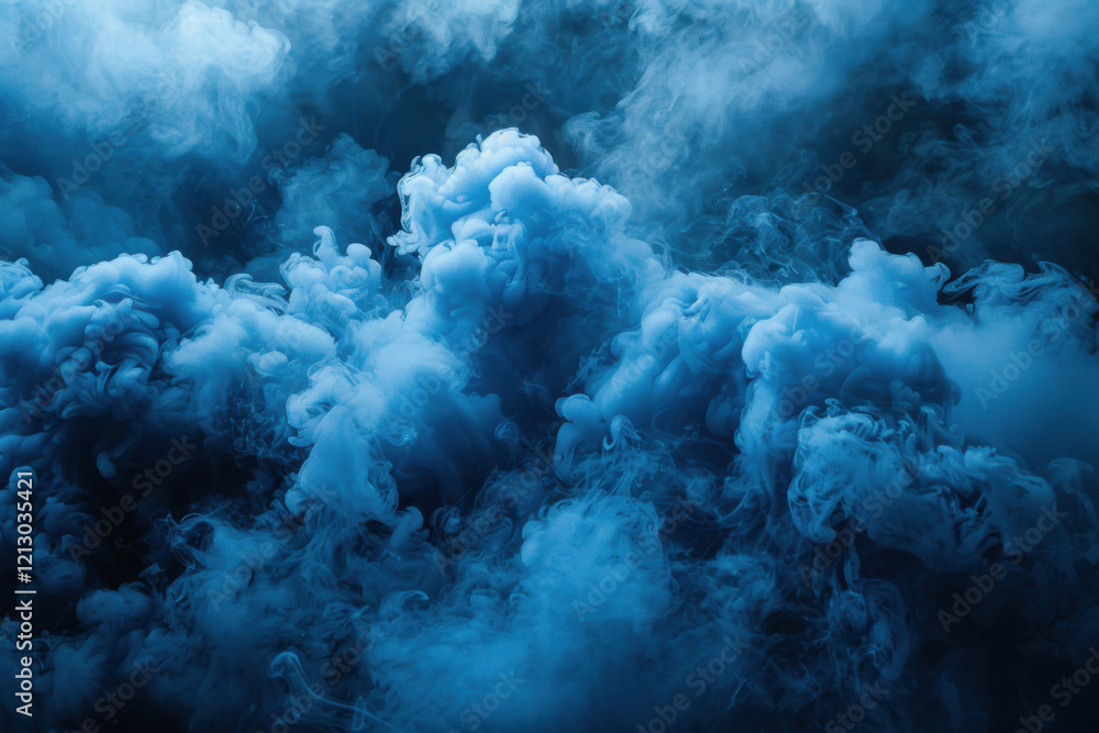 Fototapeta premium Blue smoke envelops the area as a smoke bomb produces vibrant plumes, enhancing the mood of an outdoor event during the evening hours, captivating onlookers with its striking contrast.