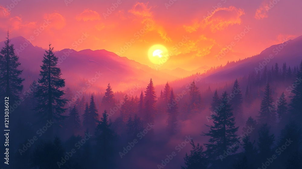 Fototapeta premium A breathtaking sunrise over the misty mountains, with vibrant orange and pink hues painting the sky above dense forests of evergreen trees.