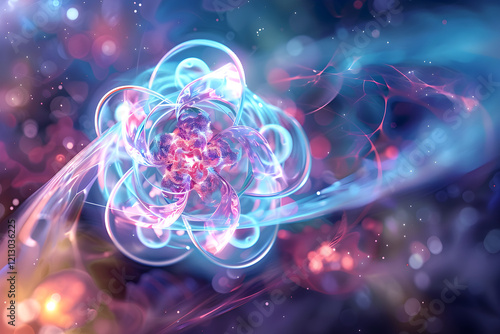 Intricate Artistic Representation of an Atomic Nucleus Highlighting Electron Orbits and Nuclear Particles photo