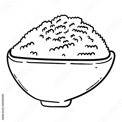 Hand drawn doodle bowl of rice on white background.