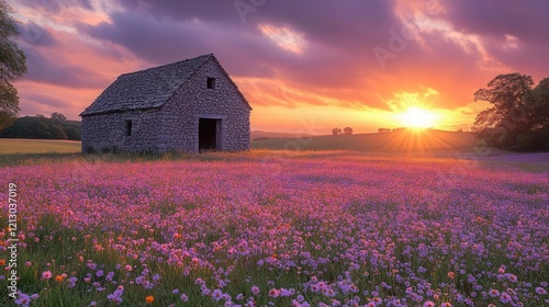 ancient weathered stone barn in blooming wildflower meadow dramatic sunset clouds in orange and purple ethereal sunbeams piercing through photo