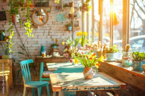 A cheerful cafe promoting a Spring Forward coffee special to celebrate Daylight Saving Time, with bright spring-themed decorations and sunlight pouring through the windows photo