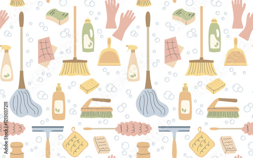 Seamless pattern with cleaning accessories and Bubbles. Cleaning service supplies in minimalistic flat design. Cleanup Brushes, gloves, mops, detergent. Household background for print and design