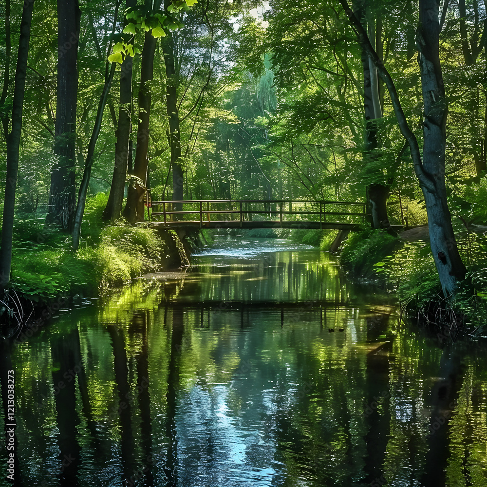 Fototapeta premium Serene Forest River with Wooden Bridge and Reflective Water Creating a Peaceful Natural Setting
