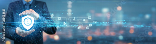Businessman holding information security strategies, policies, frameworks, protocols, solutions, compliance requirements, cybersecurity measures, risk management tactics, data protection standards.