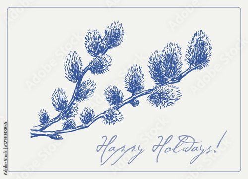 Easter Holiday illustration. Blooming bouquet branch willow with bow. Blue beige. Hand drawn element, background for design greeting card