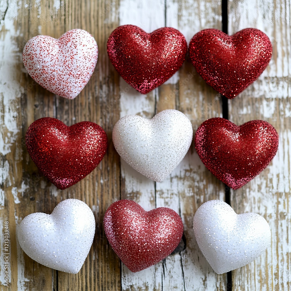 Fototapeta premium Romantic Red and White Glitter Hearts for Valentine's Day Celebration