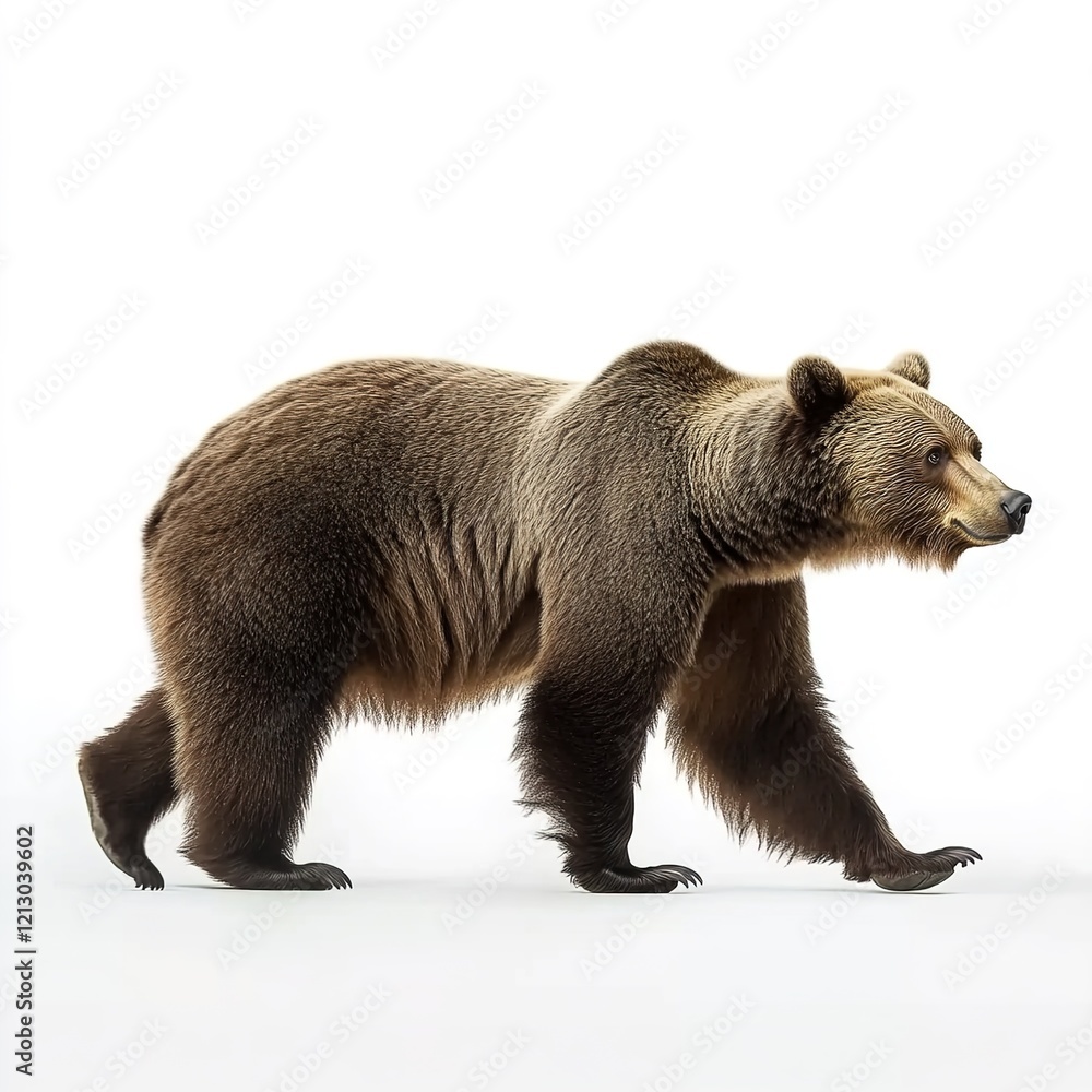 Obraz premium A photorealistic depiction of a brown bear walking, shown in profile, with the full body visible, against a white background