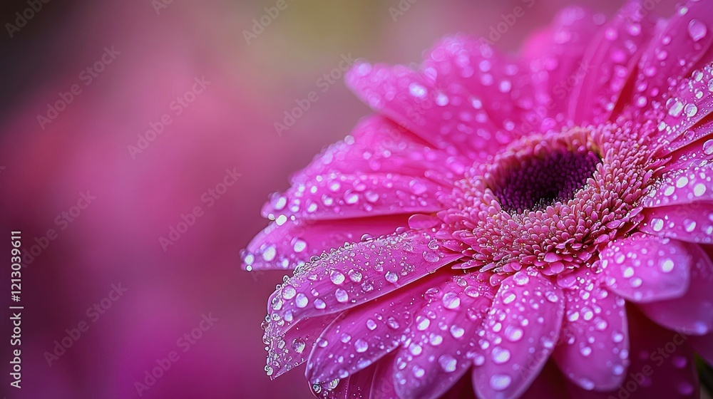 Pink gerbera flower with dew drops in garden, blurred background. Pink gerbera flower with dew drops in garden, blurred background.