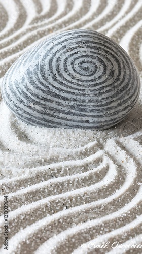 Grey Stone Rests on Swirled White Sand