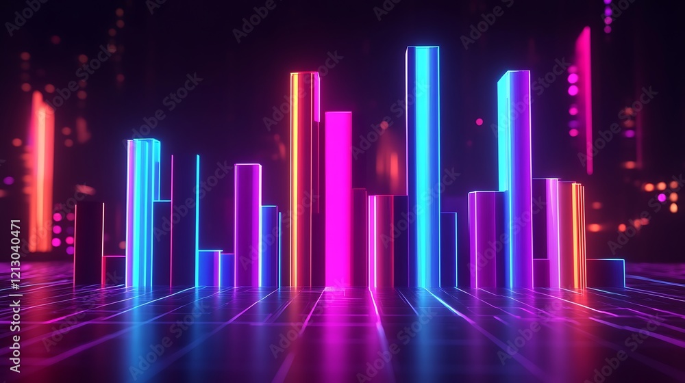 Futuristic neon digital bar graph depicting financial trends with glowing colors Futuristic neon digital bar graph depicting financial trends with glowing colors