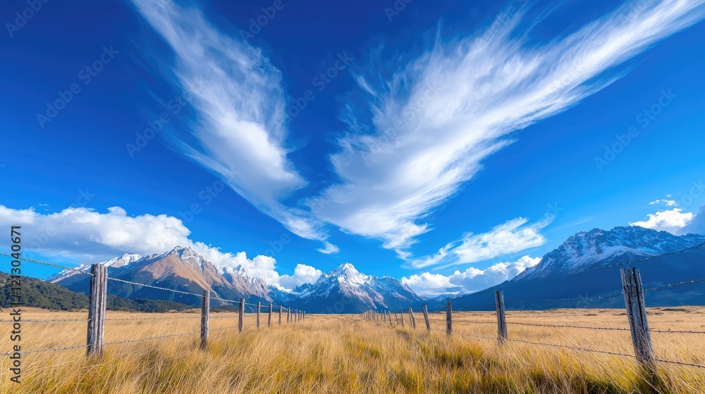 Fototapeta premium Wispy white clouds shaped like wings stretch across a bright blue sky over a golden grassy field with wooden fence posts leading toward snow-capped mountains.