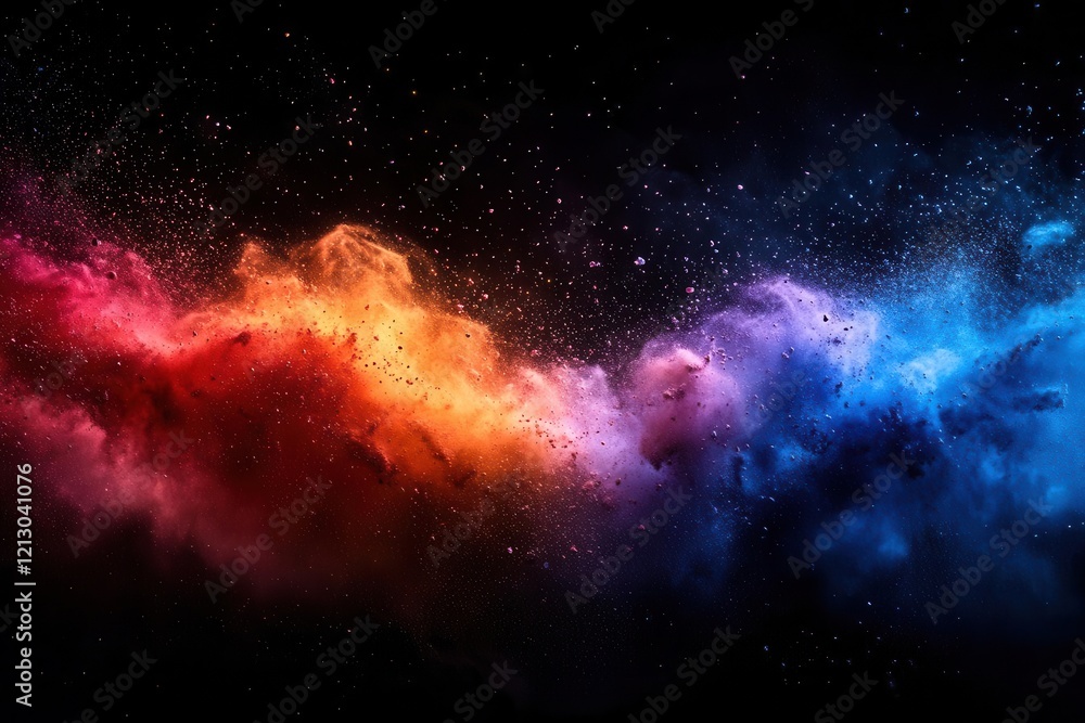 Fototapeta premium explosive burst of vibrant rainbow powder creates a striking visual spectacle against a dark backdrop capturing motion and energy in a wide panoramic view
