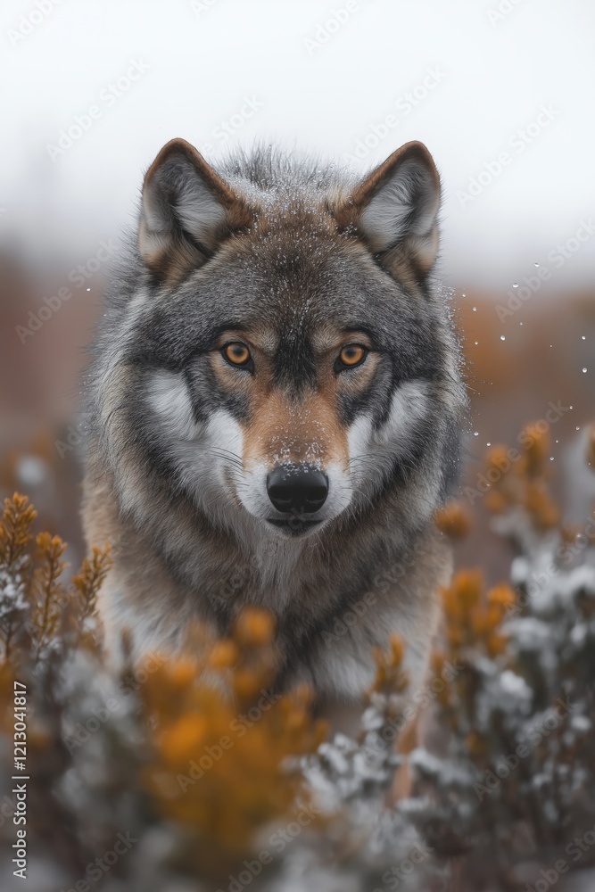 Obraz premium A dynamic wildlife photograph of a wolf , droplets of dew flying through the air, with focus on the wolf and blurred motion in the background, photorealistic.