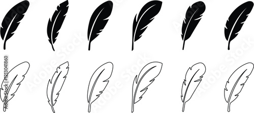Bird feather icons set. Simple black symbols with different feathers from bird wings. Flat line style vector for apps website isolated on transparent background