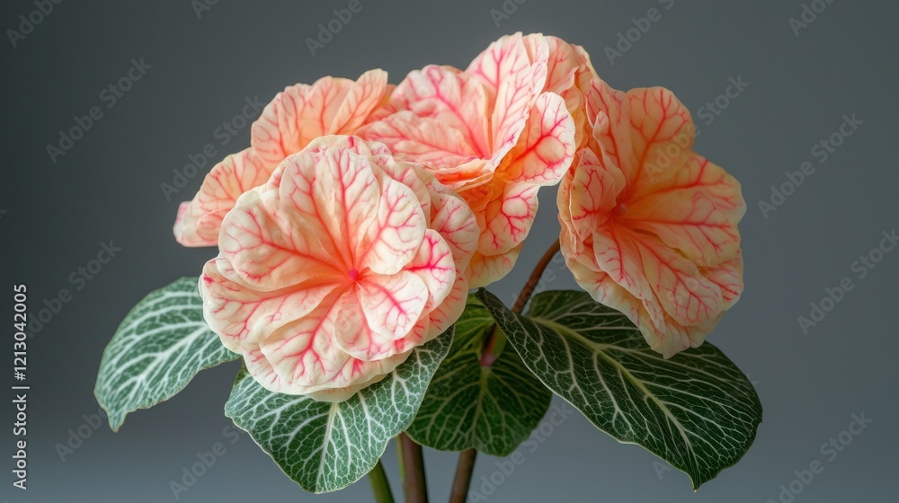 Obraz premium Pink-veined flowers with patterned leaves on gray backdrop.