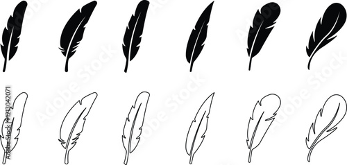 Bird feather icons set. Simple black symbols with different feathers from bird wings. Flat line style vector for apps website isolated on transparent background